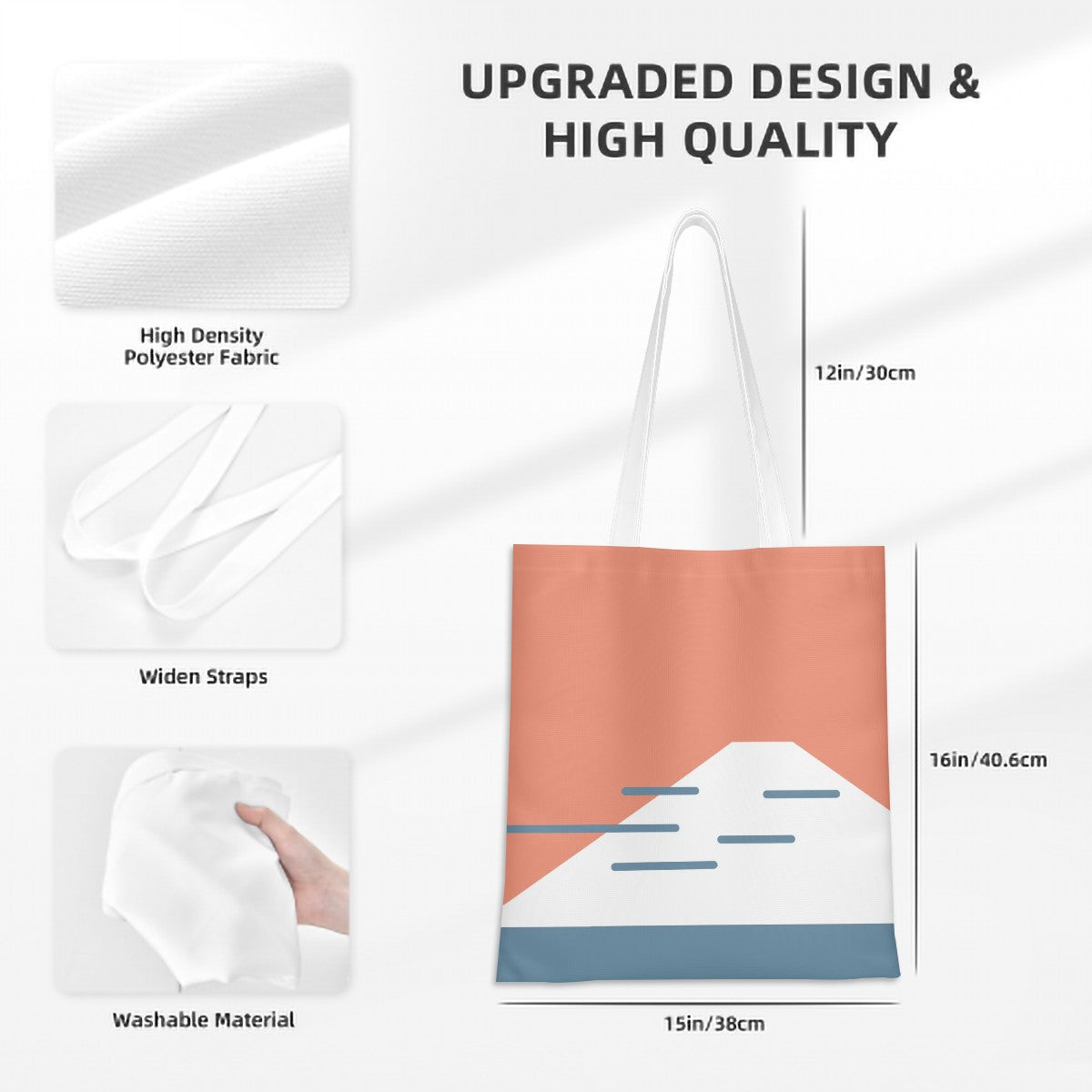 White tote bag with mountain design, fabric details, and measurements on a white background