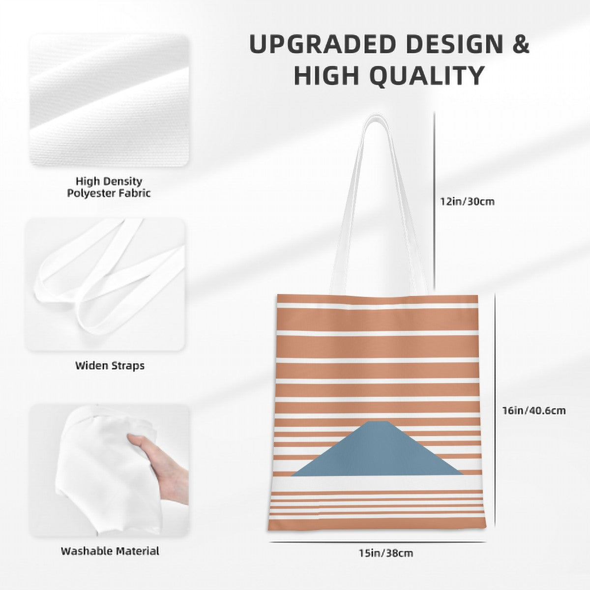 Tote bag with striped design and text highlighting features like high-density polyester fabric and washable material.