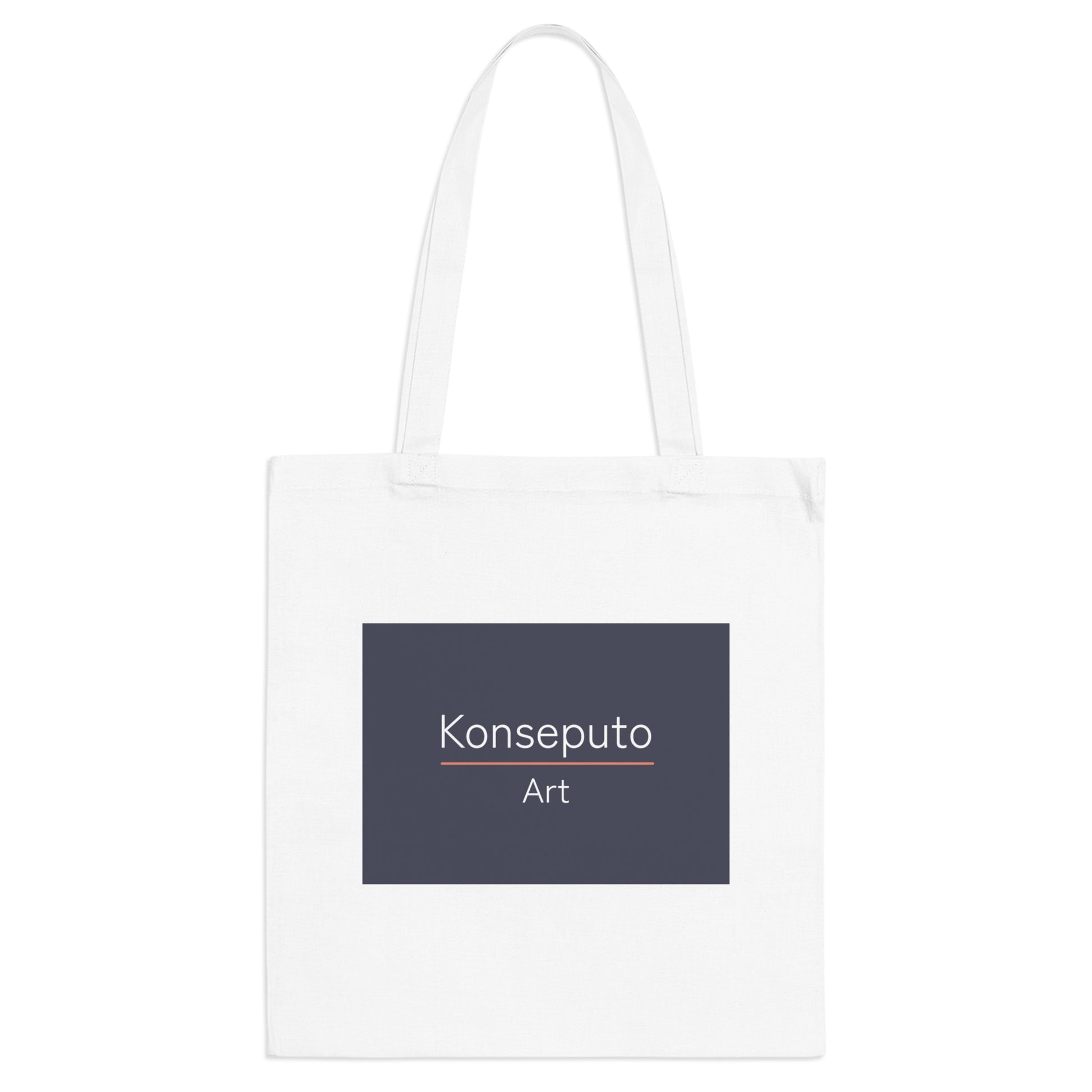 White tote bag with a dark blue rectangular label featuring 'Konseputo Art' on a white background