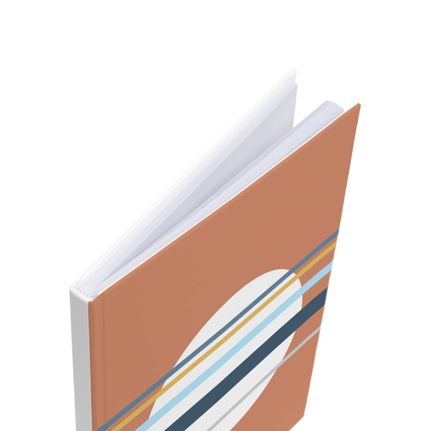 Notebook with a brown cover featuring abstract white, blue, and yellow lines on a white background