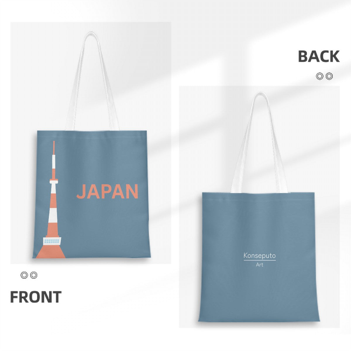 Tote bag with Japan Tower design on front and 'Konseputo Art' branding on back