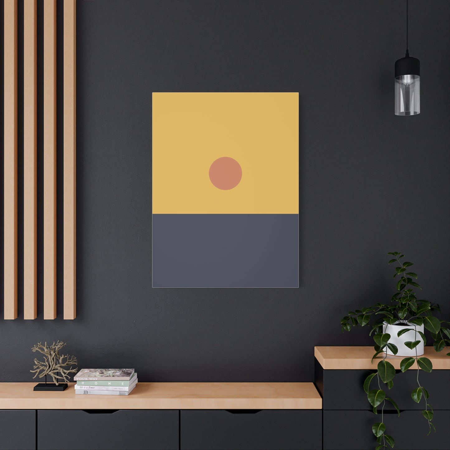 Modern interior with a abstract art piece on a dark wall