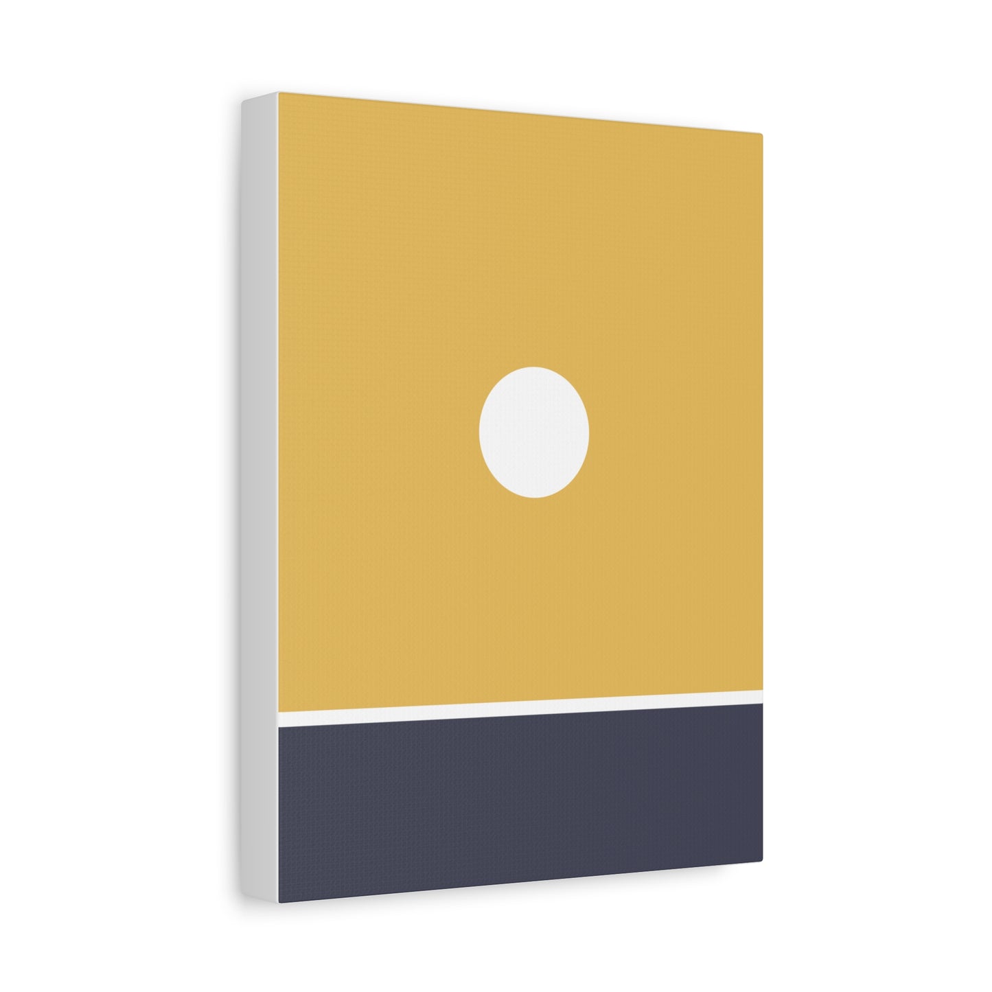 Surrealistic painting of a sun with a white circle in the center on a yellow background, framed in white.