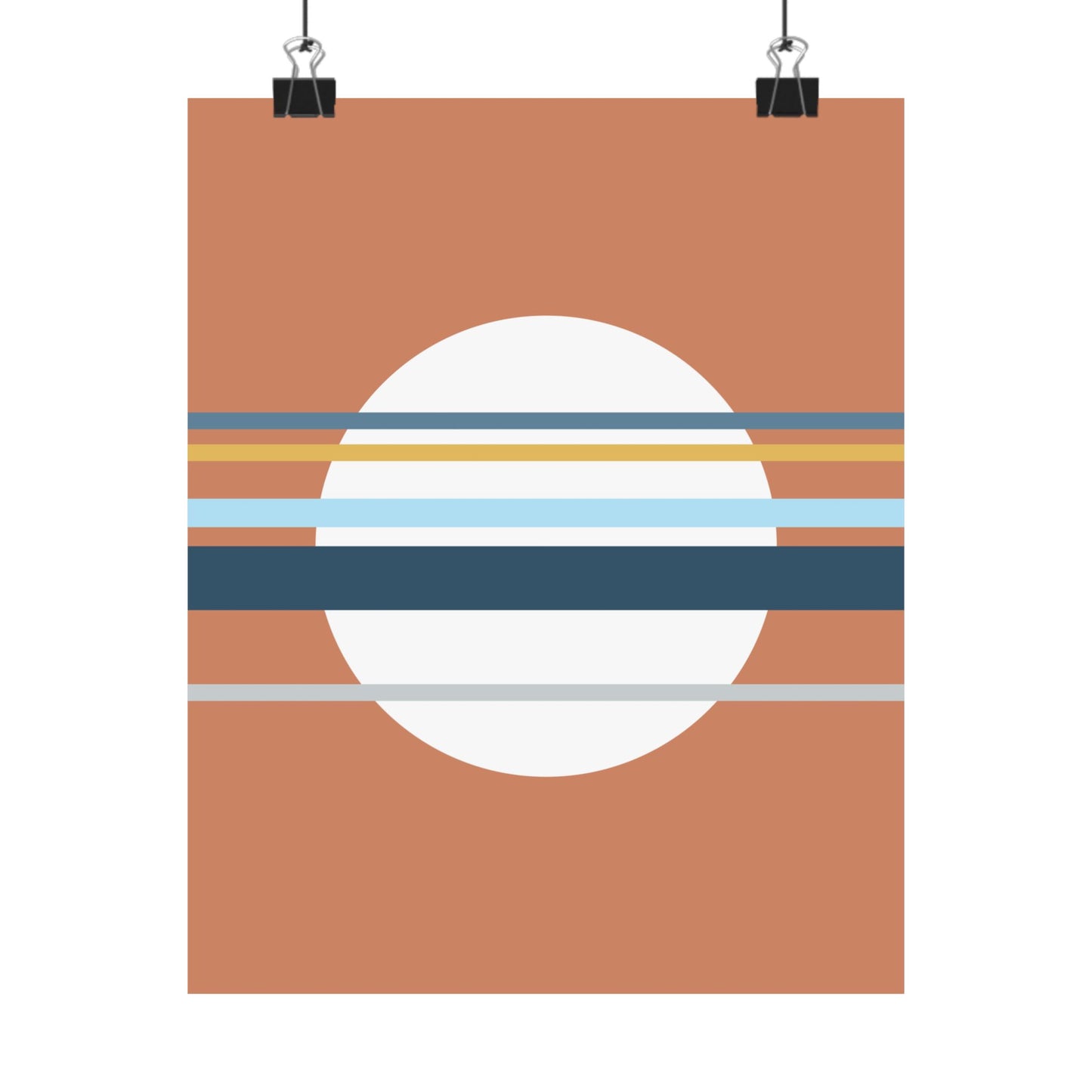 Poster with a white circle and horizontal colored stripes on a brown background