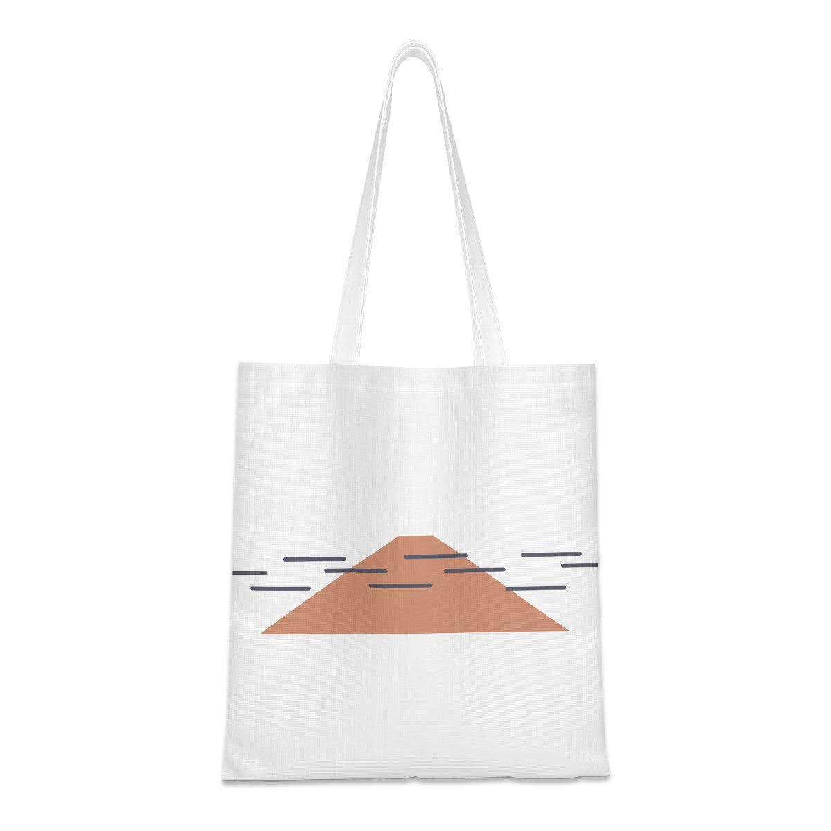 White tote bag with a brown triangle design on a white background