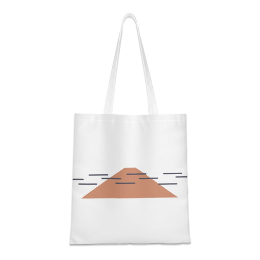 White tote bag with a brown triangle design on a white background