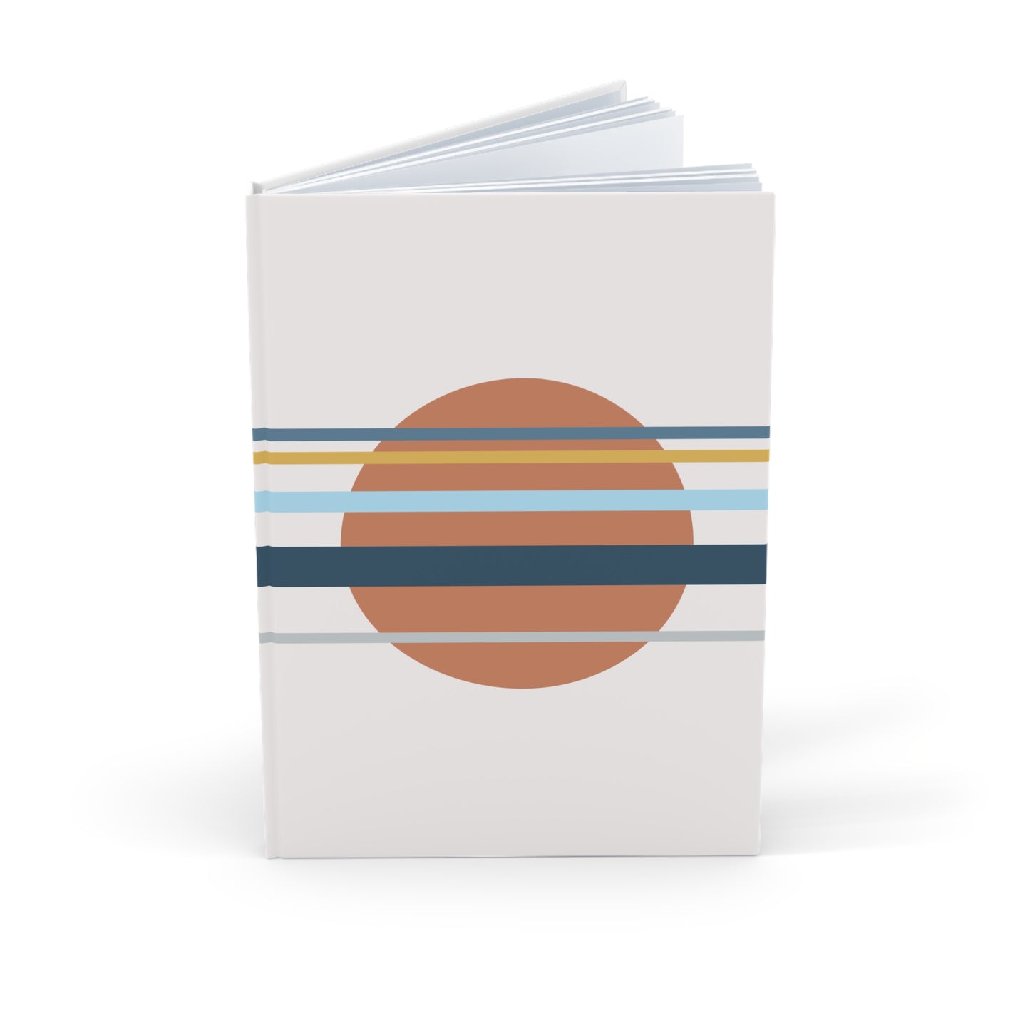 Notebook with a circular design featuring horizontal stripes on a white background