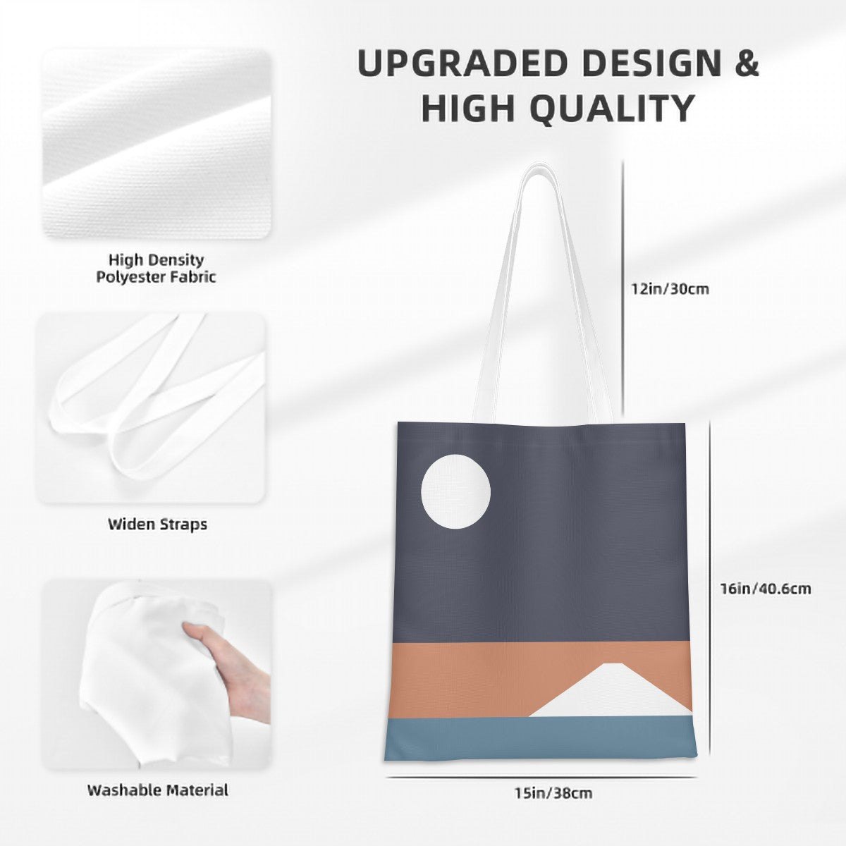 White tote bag with mountain design, high-density polyester fabric, widened straps, washable material, and measurements.