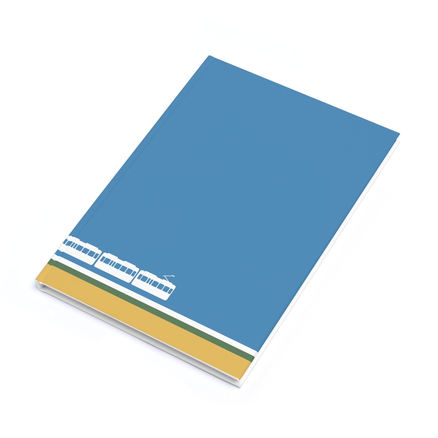 Blue notebook with a white trolley design on a white background