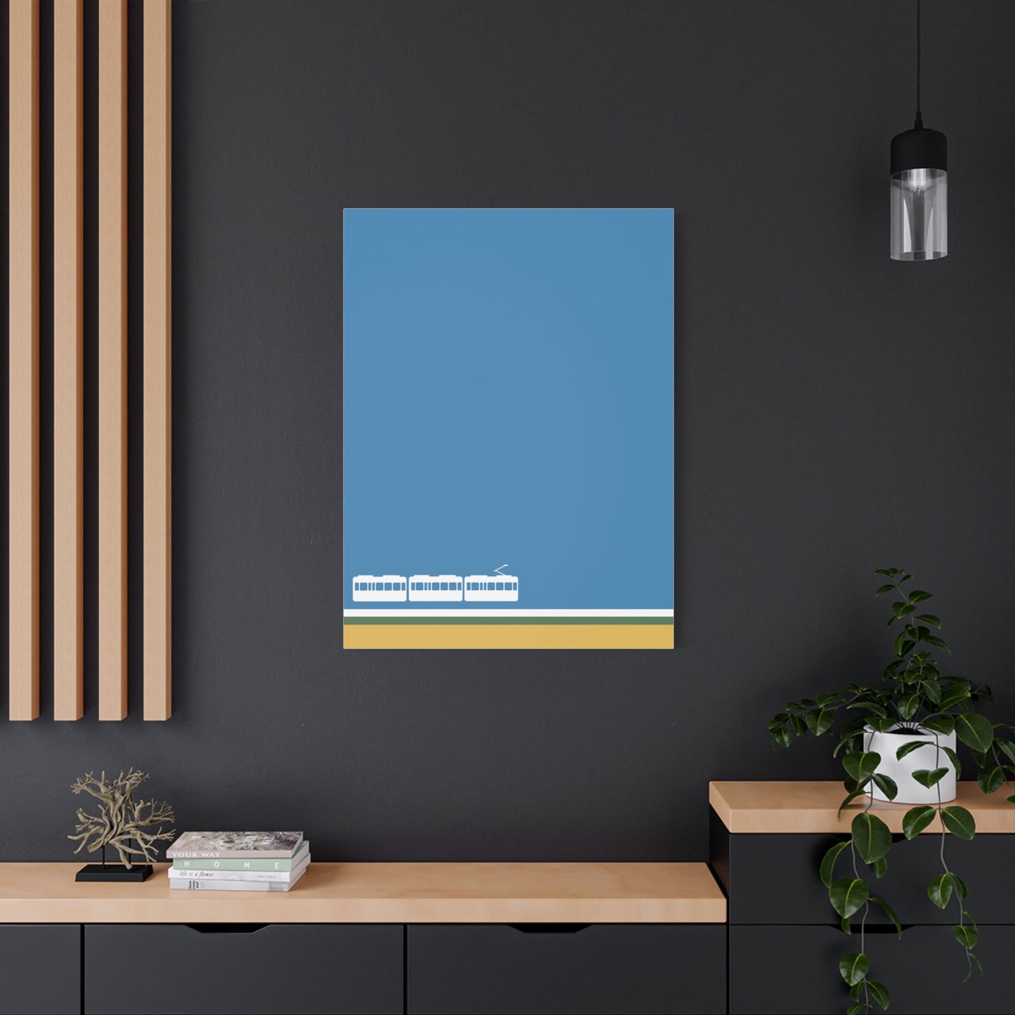 Blue abstract art print on a black wall with wooden shelves and decor.