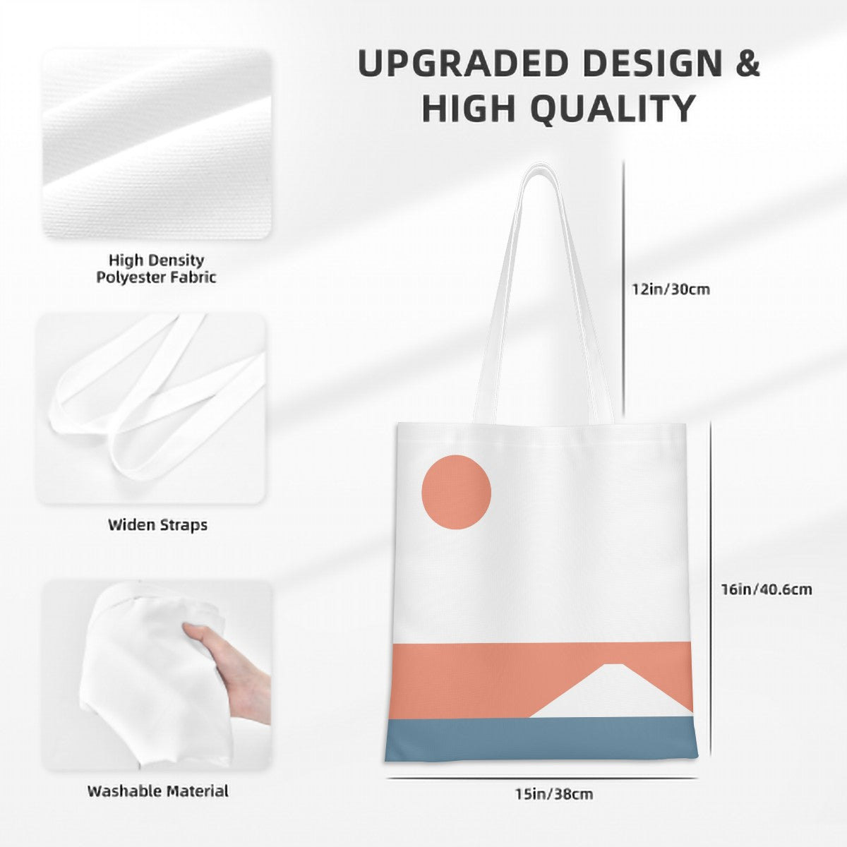 White tote bag with a design, high-density polyester fabric, wide straps, washable material, and measurements on a white background.