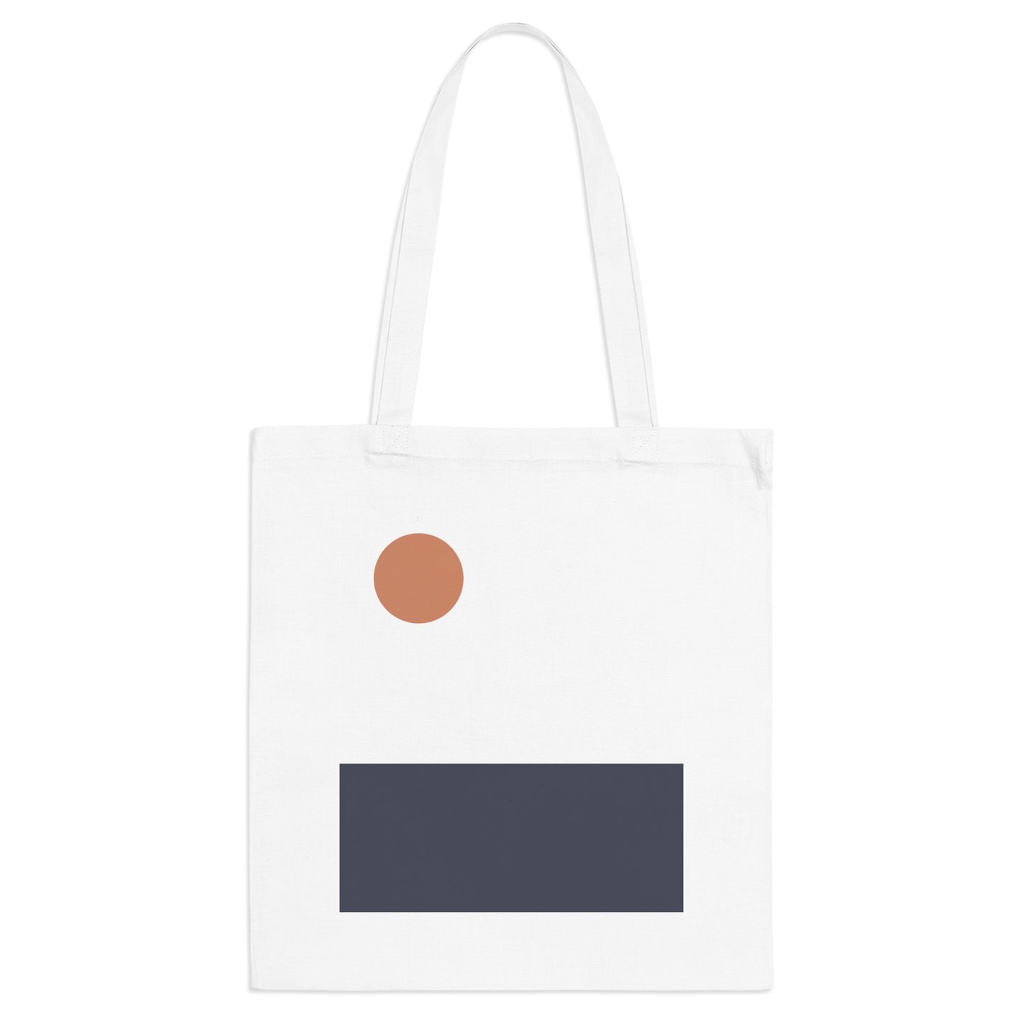 White tote bag with a brown circle and black rectangle on a white background