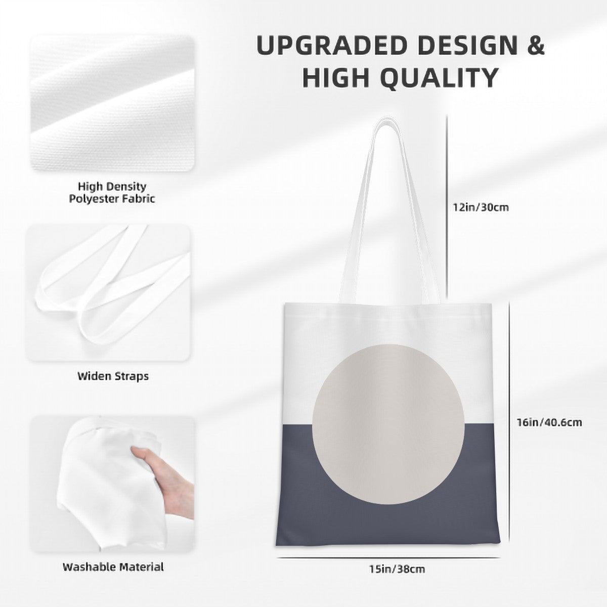 White tote bag with gray bottom section and beige circle, featuring text on upgraded design and high quality.
