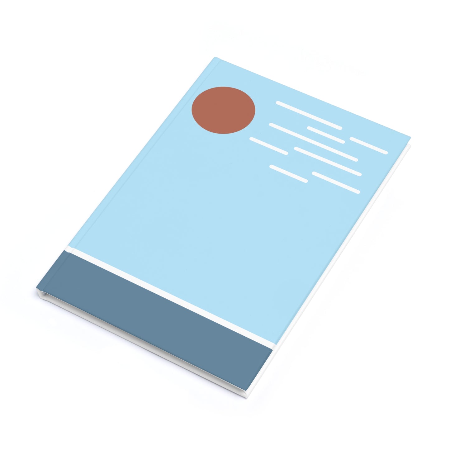 Notebook with blue cover, brown circle, and gray bottom section on a white background