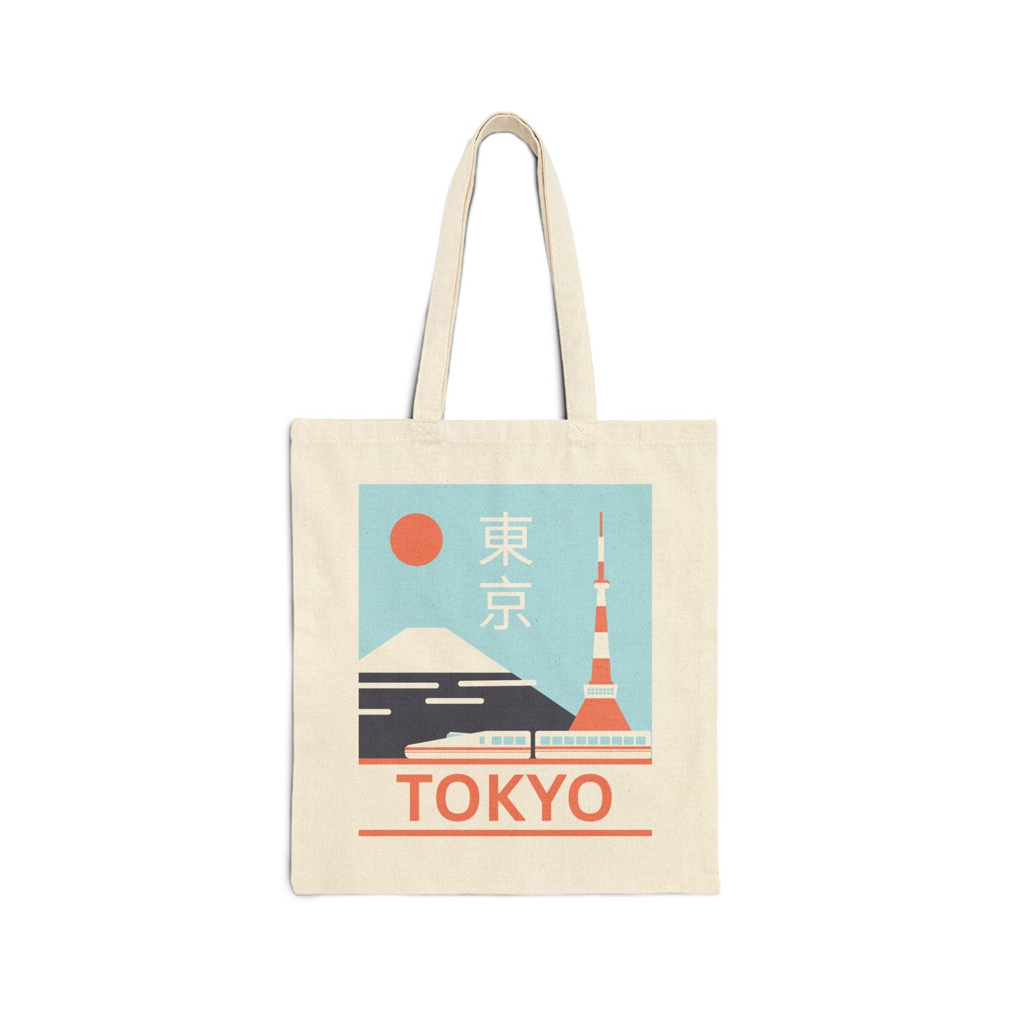 Tote bag with a design of Tokyo Tower and Mount Fuji on a white background