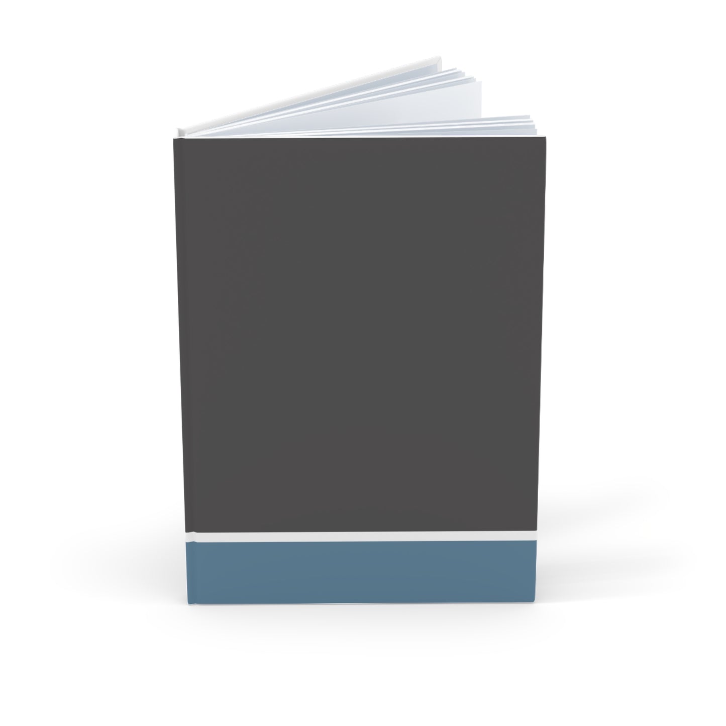 Notebook with a dark gray cover and blue bottom section on a white background