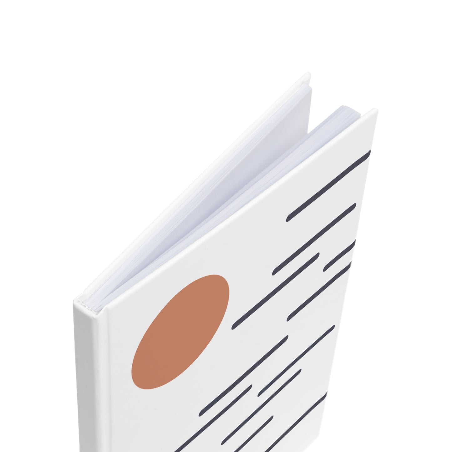 White notebook with a brown circle and black lines on a white background