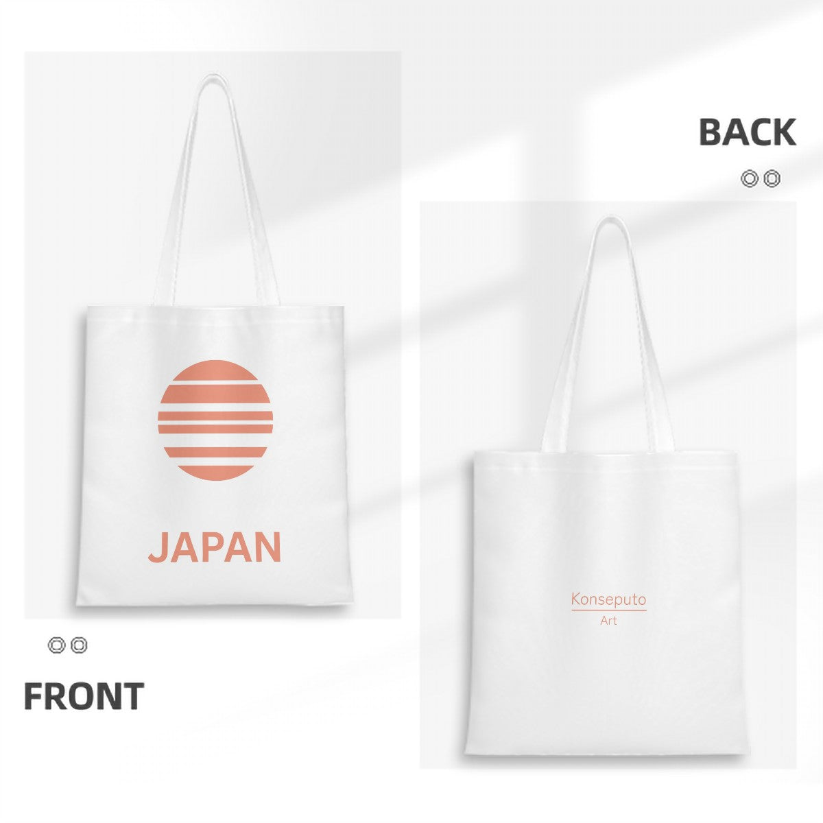 White tote bag with 'Japan' and sun design on front, back view shown.