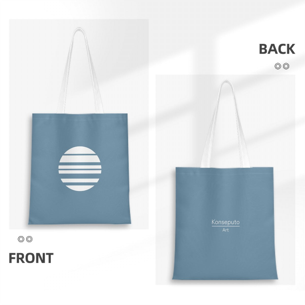 Blue tote bag with white logo on front and text on back, on a white background