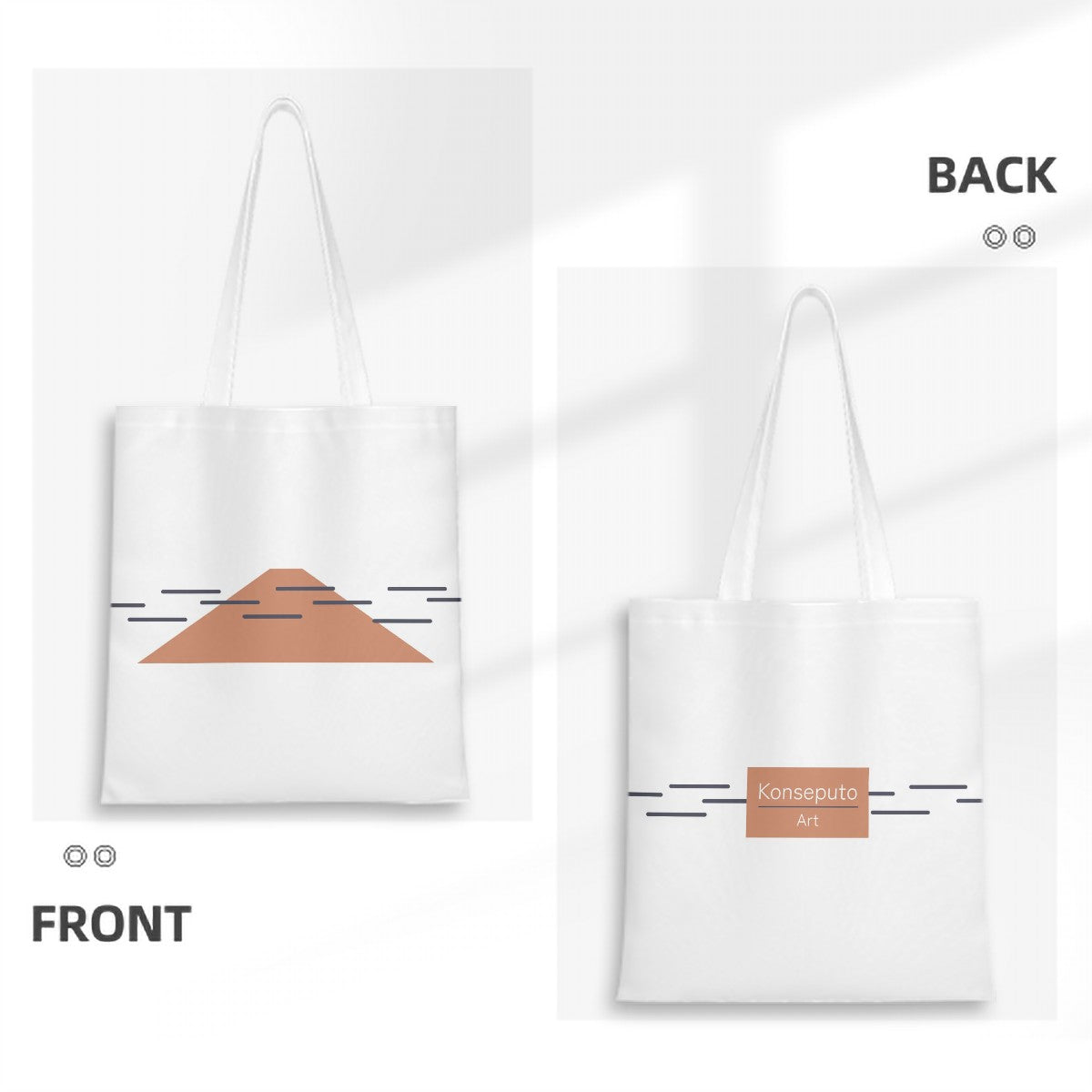White tote bag with a geometric design on front and back