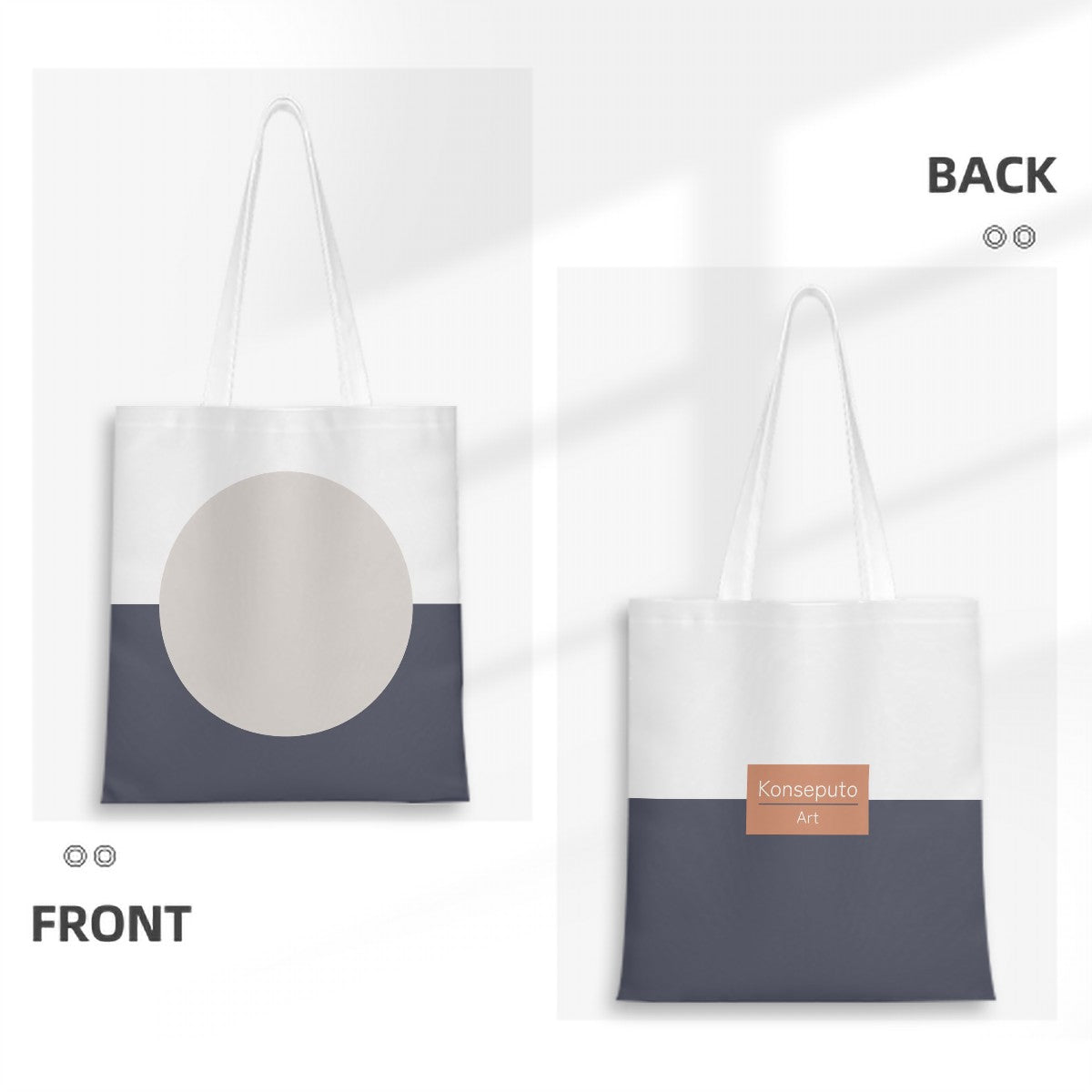 Tote bag with a round design on the front and a brand label on the back, shown from front and back views.
