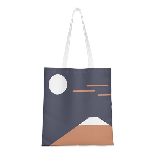 Tote bag with minimalistic design of a moon, cloud, and mountain on a white background