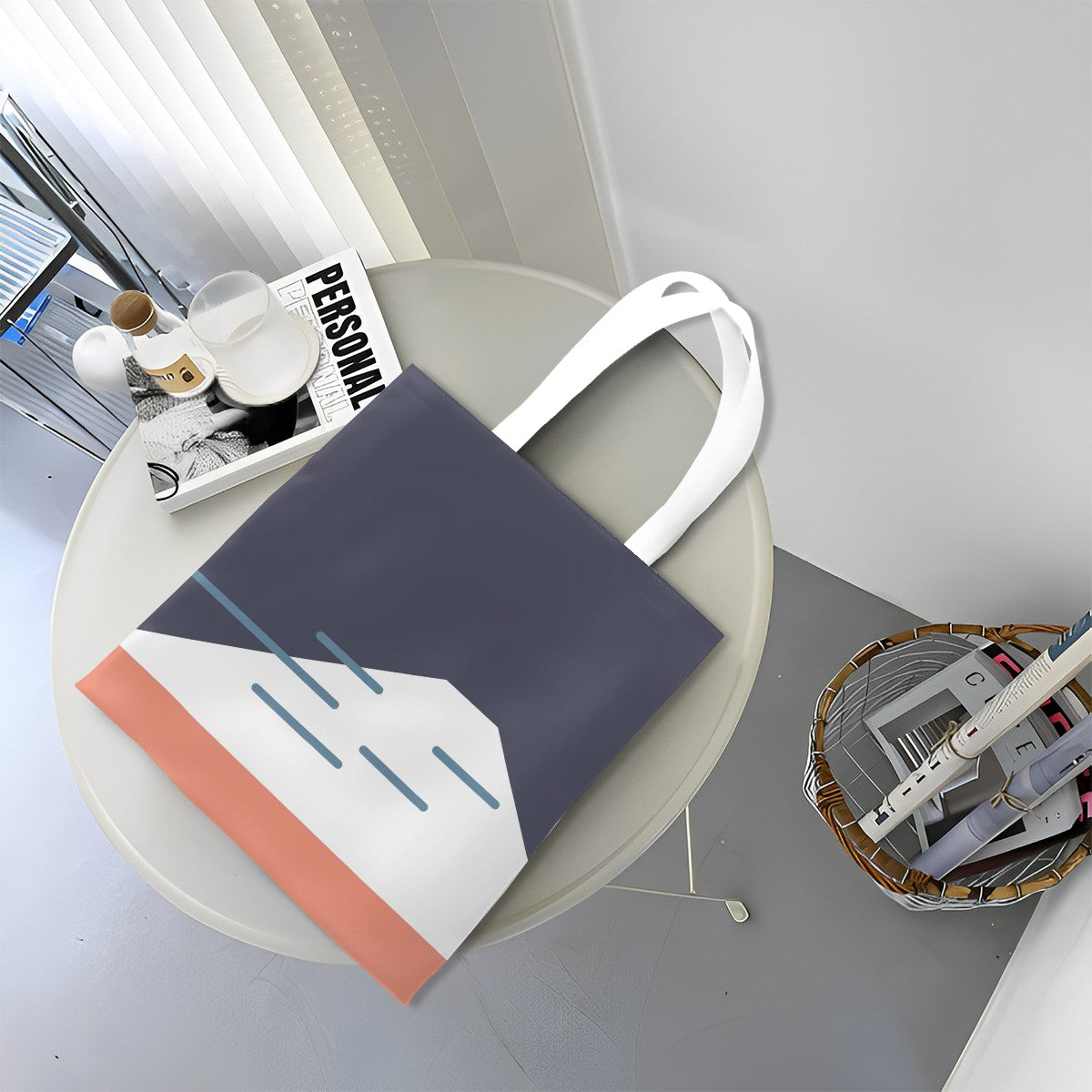 Tote bag with geometric design on a round table