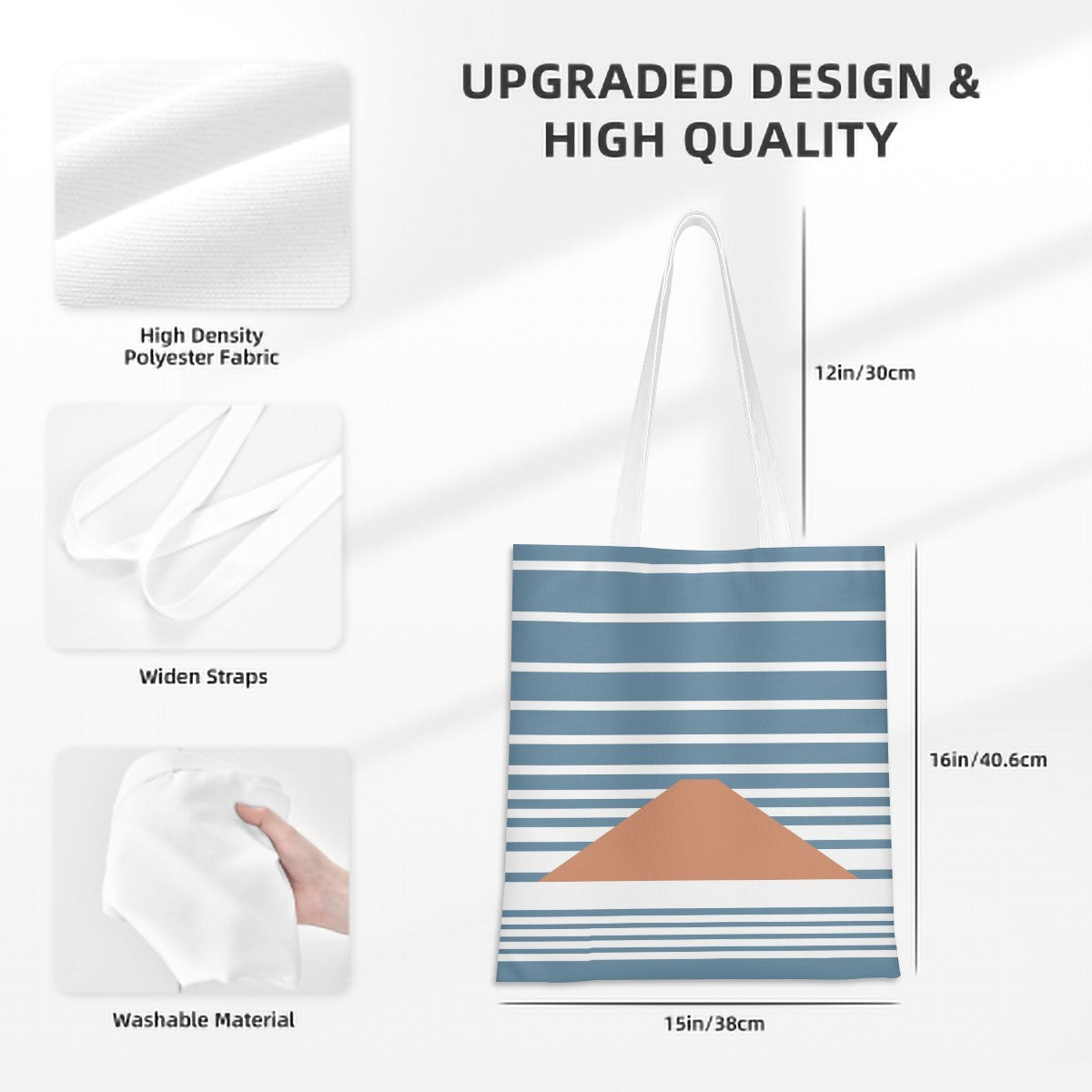 Tote bag with blue and white stripes and a brown triangle design, held by a hand. Text highlights features like high-density polyester fabric, widened straps, and washable material.