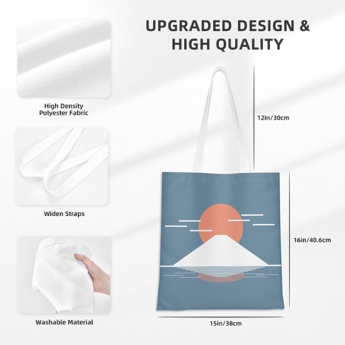 Fuji Reflections Tote Bag – Minimalist Japanese Canvas Tote with Mt. Fuji Design – Blue Grey