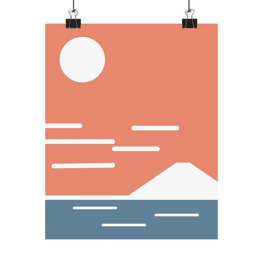 Simplified landscape illustration with a red sky, white moon, blue water, and white mountains.