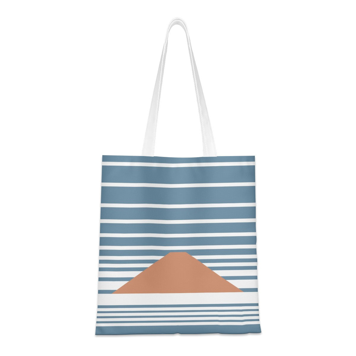 Tote bag with blue and white stripes and a brown triangle on a white background