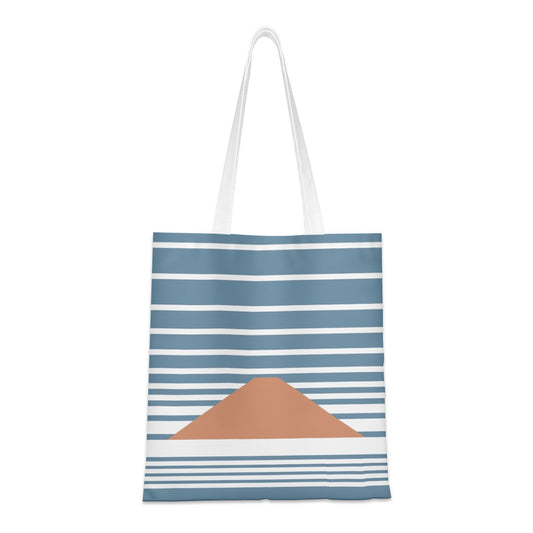 Tote bag with blue and white stripes and a brown triangle on a white background