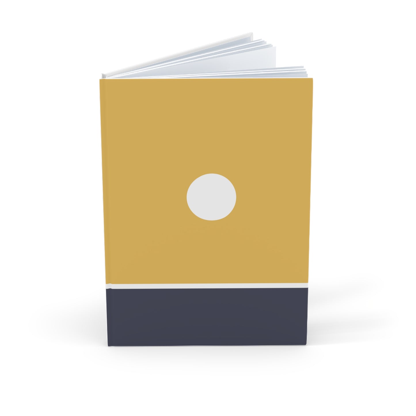 Notebook with a mustard yellow cover, white circle, and navy blue base on a white background