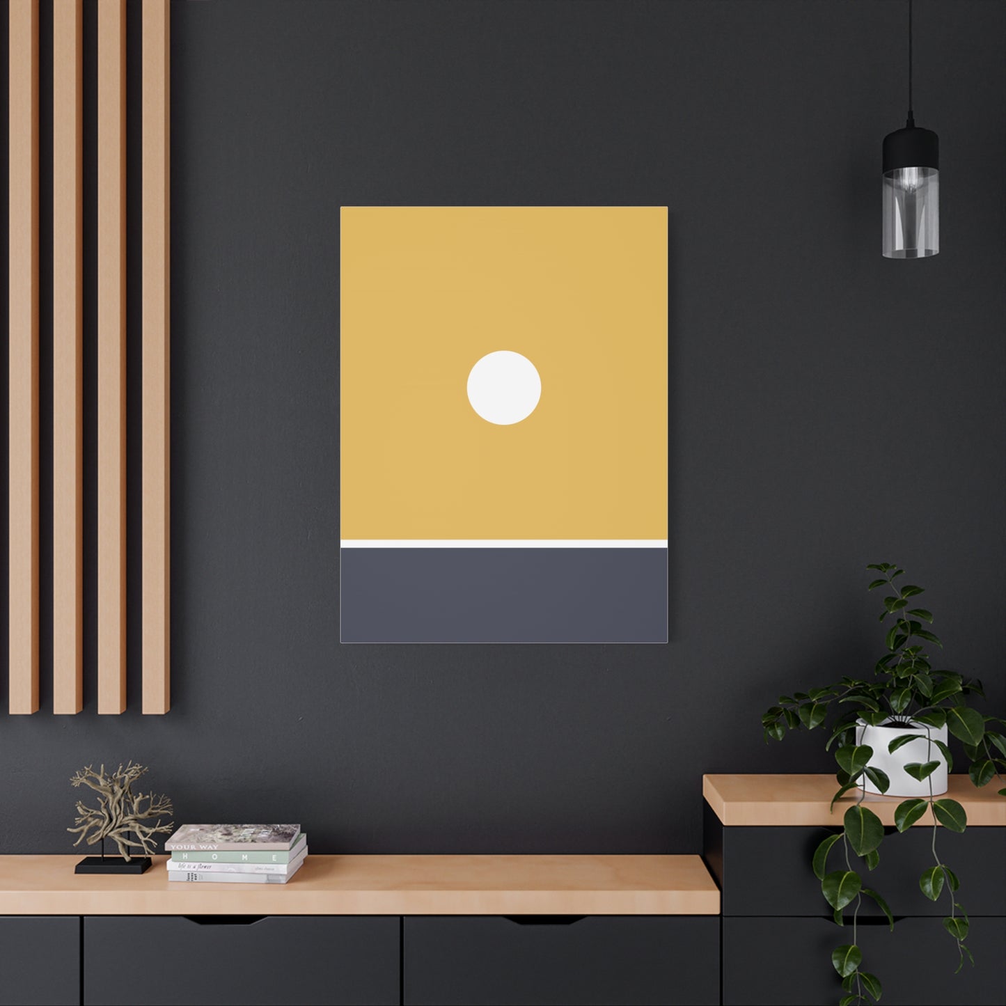 Modern interior with a yellow and blue abstract painting on a dark wall.