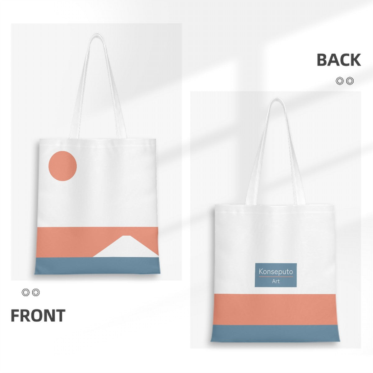 Tote bag with geometric design on front and back, featuring a sun and mountain.