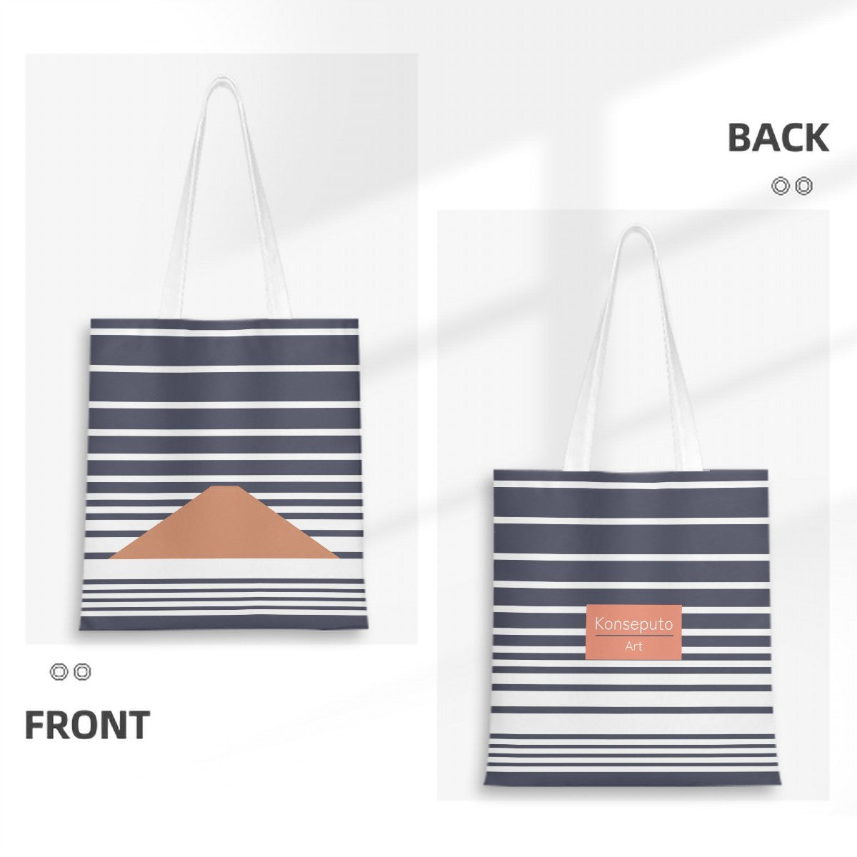 Tote bag with striped design on front and back, featuring a brand logo.