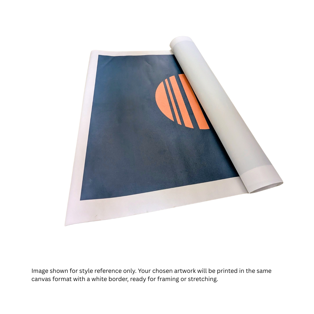 Roll of canvas with a white border and orange circle design on a blue background