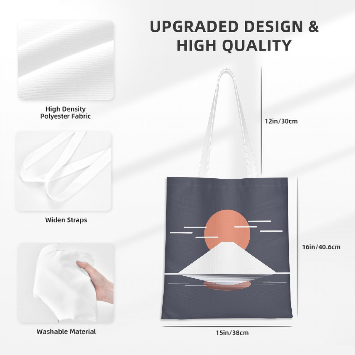Fuji Reflections Tote Bag – Minimalist Japanese Canvas Tote with Mt. Fuji Design – Navy Blue