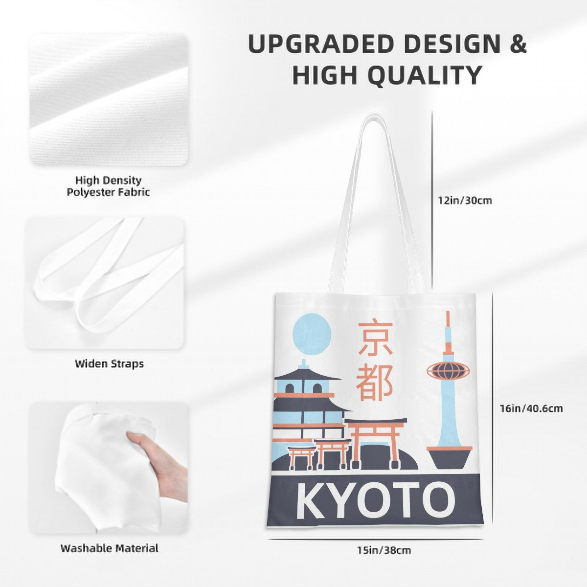 Tote bag with Kyoto design and product features on a white background