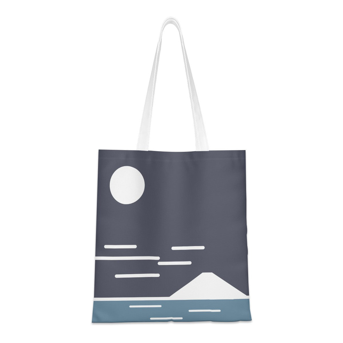 Tote bag with a minimalist design of a moon, stars, and mountain on a dark blue background.