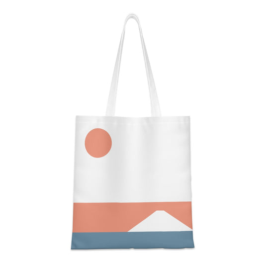 Tote bag with a minimalist design featuring a red circle and blue stripe on a white background