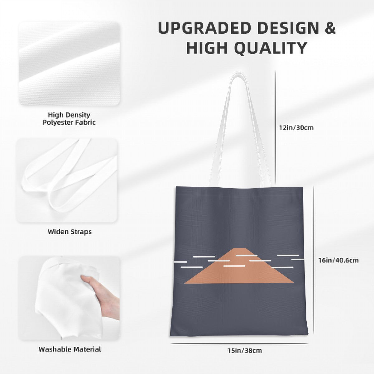 Tote bag with design and measurements, featuring high-density polyester fabric and washable material.