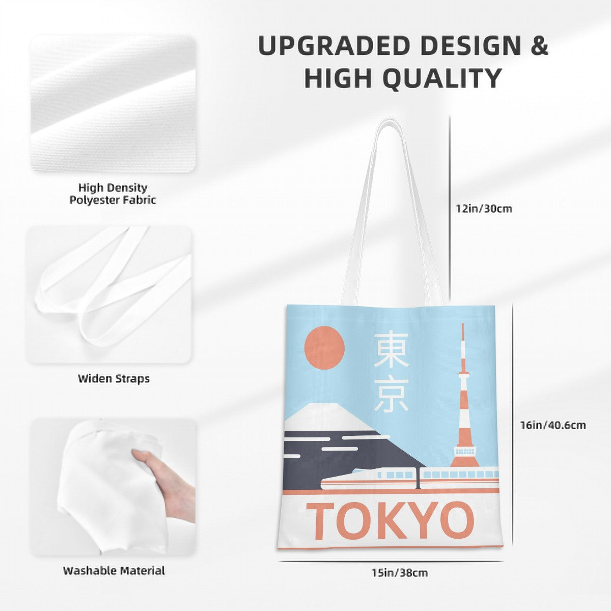 Tote bag with Tokyo design and product features on a white background