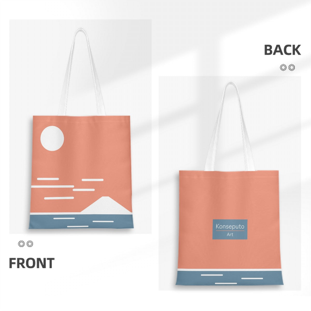 Tote bag with mountain and sun design on front and back, featuring 'Konseputo Art' branding.