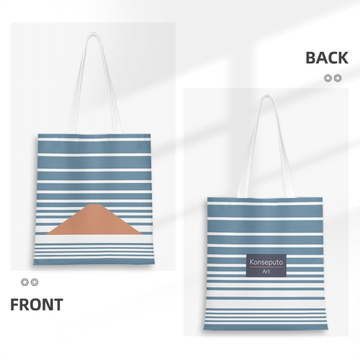Tote bag with blue and white striped design on front and back, featuring a mountain illustration.