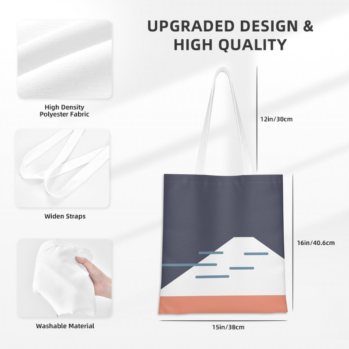 White tote bag with mountain design, fabric details, and measurements on a white background