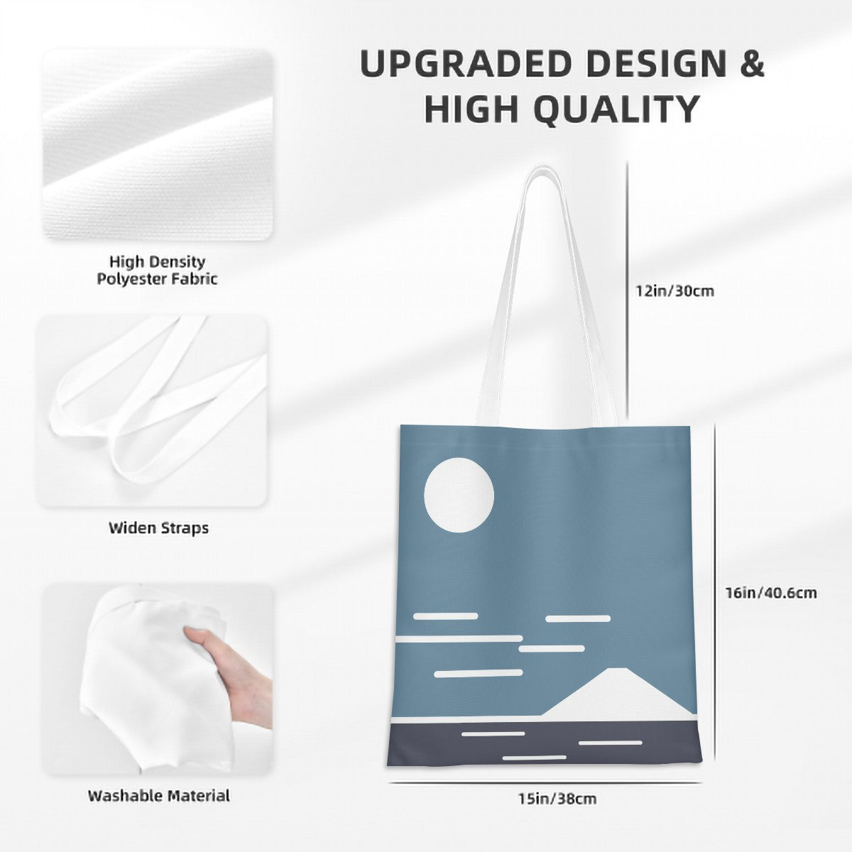 Tote bag with mountain design, fabric properties, and measurements on a white background