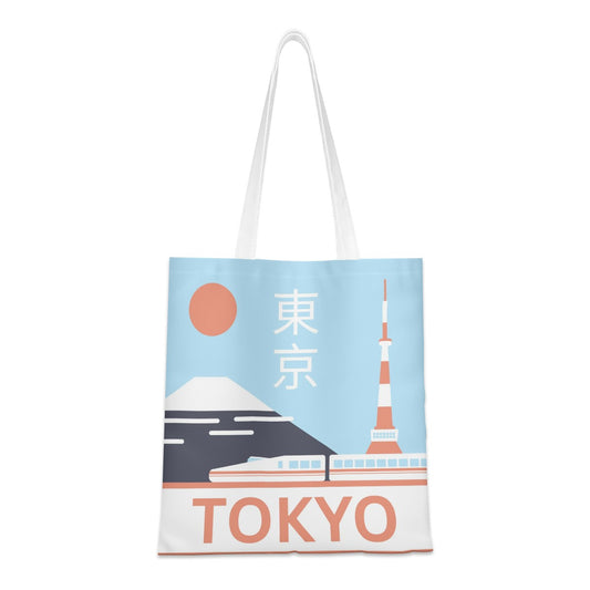 Tote bag with Tokyo-themed design featuring Mount Fuji and the Tokyo Tower.