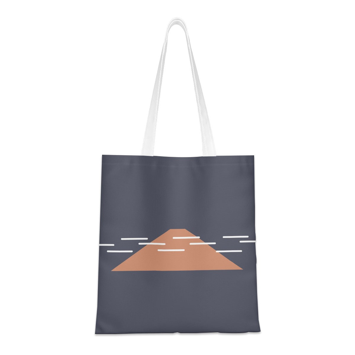 Tote bag with a minimalist design of a brown triangle on a dark blue background