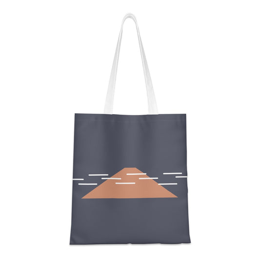 Tote bag with a minimalist design of a brown triangle on a dark blue background